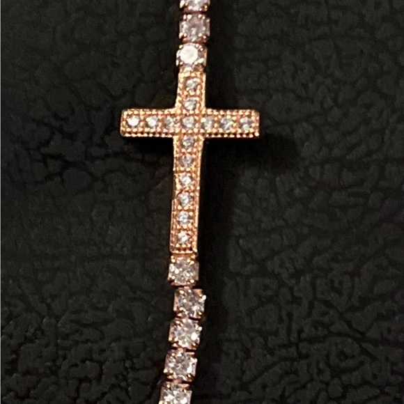 14k gold plated sterling silver cross bolo bracelet with surrounding cz - Picture 5 of 8